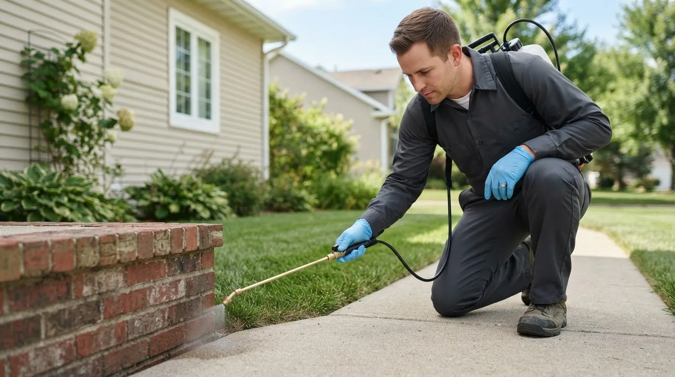 Pest control technician treating a home near Footville, WI