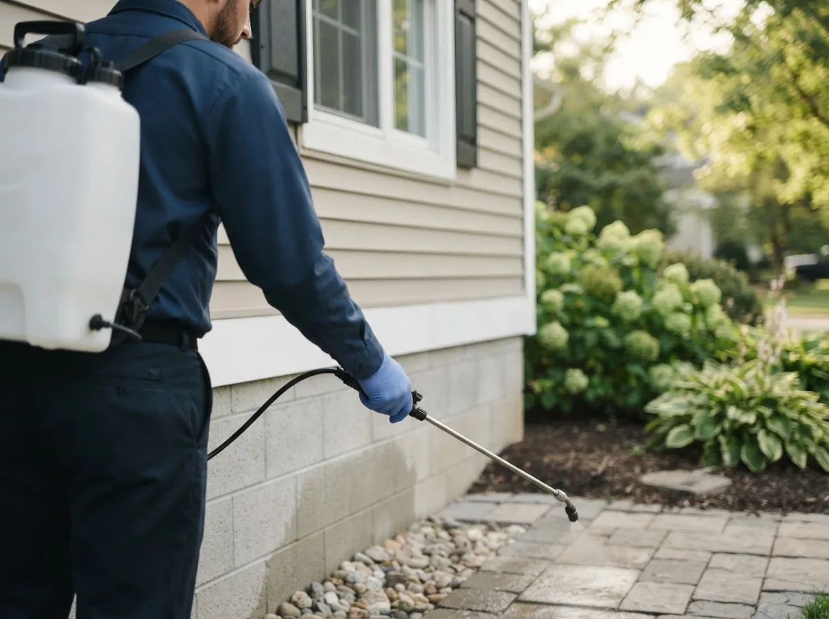 Pest control technician inspecting a home in Footville, WI